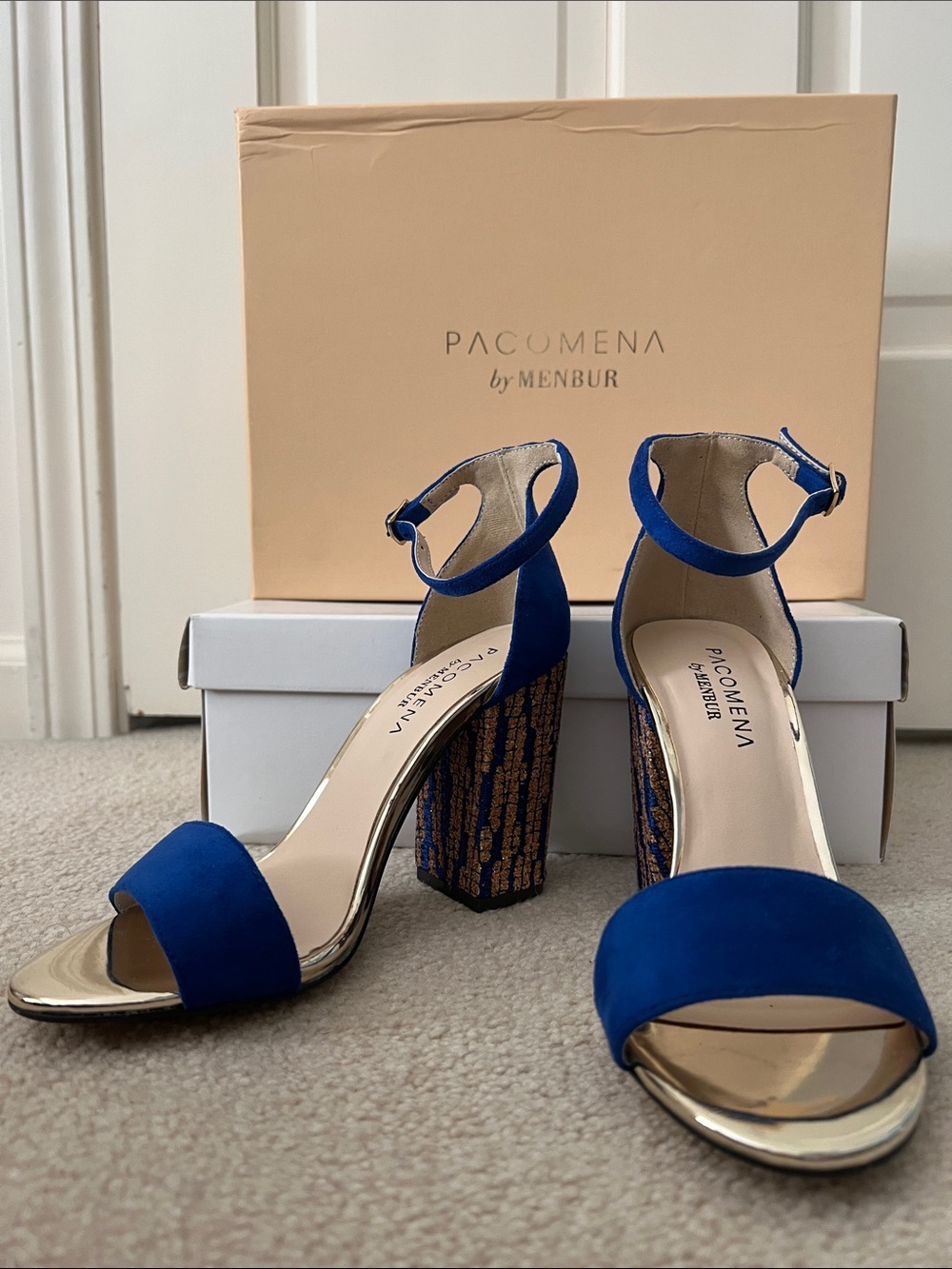 PACO MENA Blue Suede Ankle-Strap Block Heel Sandals size 6